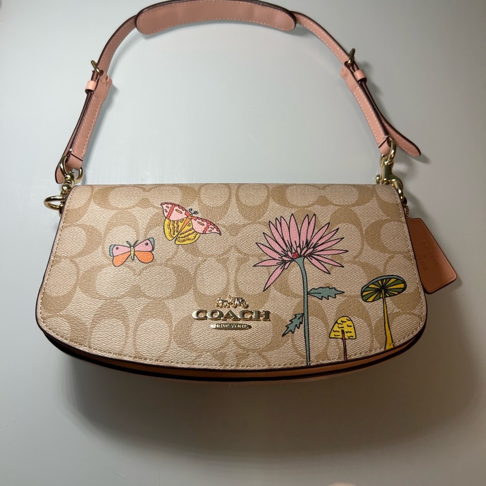 Coach Beige Signature Floral Shoulder Bag with Pink Strap